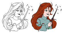 Cute Girl With Magic Wand. Hand Drawn Cartoon Illustration.