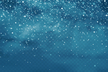 Aufkleber - Realistic falling snow with snowflakes and clouds. Winter transparent background for Christmas or New Year card. Frost storm effect, snowfall, ice. Vector illustration.
