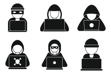 Sticker - Hacker man icons set. Simple set of hacker man vector icons for web design on white background