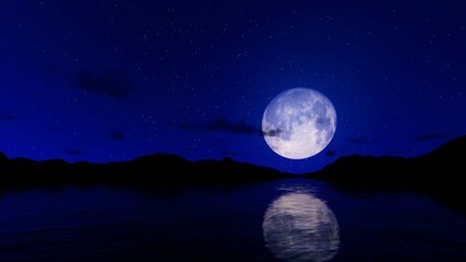 full moon reflecting on water surface against starry sky and palm trees, camera fly, 4k