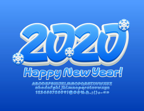 Vector stylish Greeting Card Happy New Year 2020. Bright Alphabet Letters and Numbers. Creative Blue and White Font.