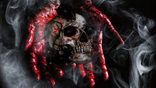 Halloween Spooky Skull With Bloody Hands And Smoke
