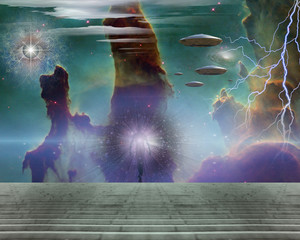 Wall Mural - visitor from space. ufo fleet in nebulous sky
