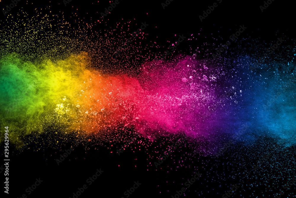 Colorful background of pastel powder explosion.Multi colored dust splash on black background.Painted Holi. - obrazy, fototapety, plakaty 