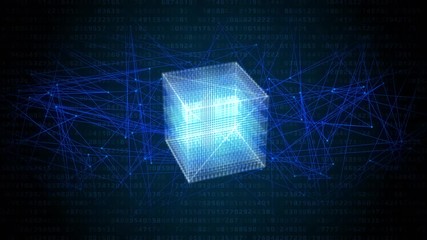 Aufkleber - Cubic Glow Structure Element 4K Animation Target Point Scanning UI Interface. Technology Digital Big Data Number Calculation Concept Background.