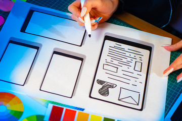 Poster - the girl works as an application designer. development of programs for mobile devices. using mobile 