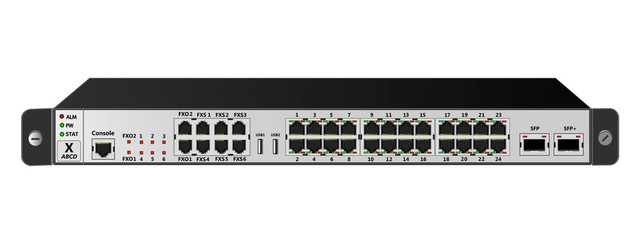 The service router for mounting with a 19-inch rack has 24 Ethernet ports, 1  SFP port, 1  SFP+ port, 2 USB ports, 6 FXS ports, 2 FXO port. Designed for carrier-class networks. Vector illustration.