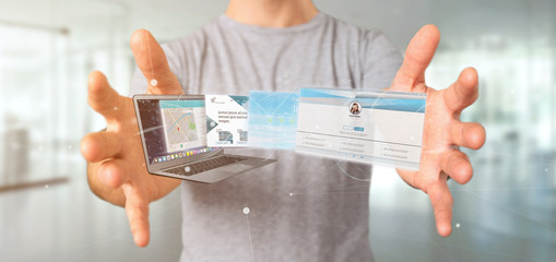 Poster - Businessman holding a Website application going out a laptop screen 3d rendering