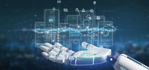 Poster - Cyborg hand holding User interface screens with icon, stats and data 3d rendering