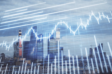 Double exposure of financial graph on downtown veiw background. Concept of stock market research and analysis