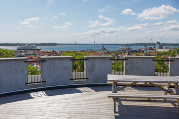 View of an old white water tower on rampart in city Fredericia, Denmark