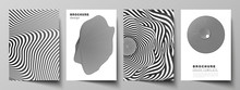 Vector Layout Of A4 Format Modern Cover Mockups Design Templates For Brochure, Magazine, Flyer, Booklet, Report. Abstract 3D Geometrical Background With Optical Illusion Black And White Design Pattern
