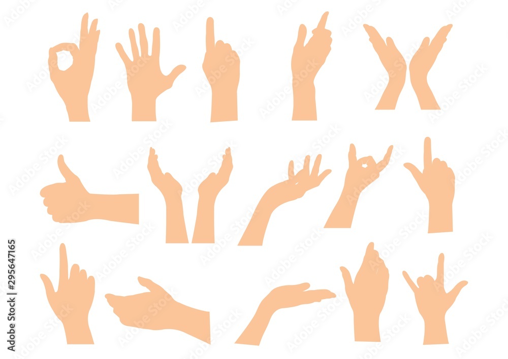 Set of hands showing different gestures isolated on a white background ...
