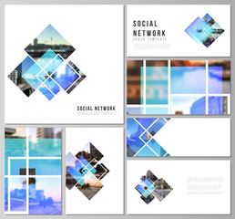 Poster - The minimalistic abstract vector illustration of the editable layouts of modern social network mockups in popular formats. Creative trendy style mockups, blue color trendy design backgrounds.