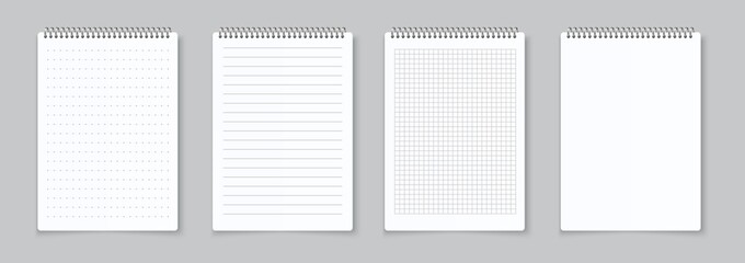 Fototapete - Realistic notebooks sheets. Lined, checkered and dots paper binder page for memo pads . Vector isolated illustration template notepad empty paper with binder iron spiral on gray background