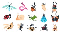 Funny Bugs. Cartoon Cute Insects With Faces, Caterpillar Butterfly Bumblebee Spider Larvae Colorful Characters. Vector Designs Illustration Smiling Creature With Eyes For Learning Children