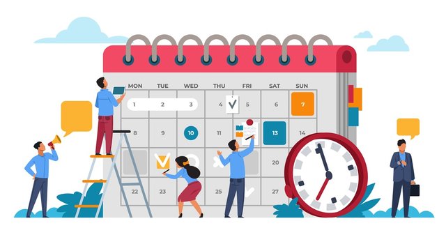 Wall Mural - People planning concept. Entrepreneurship and calendar schedule planning with filling course campaign. Vector illustrations business meeting and events organizing process office working