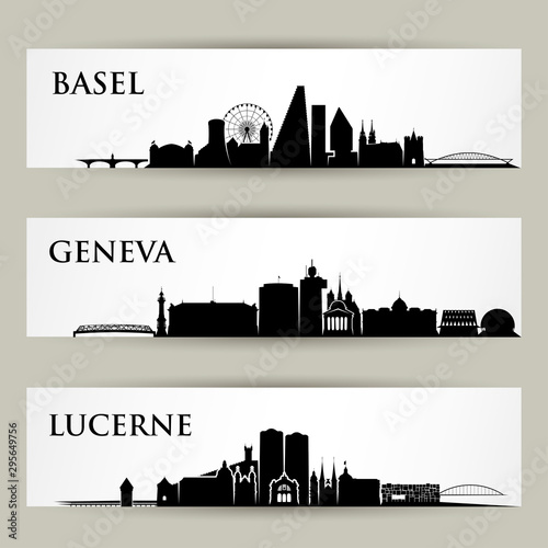Cites skylines in Switzerland - vector illustration - Basel, Geneva, Lucerne Tableau sur Toile