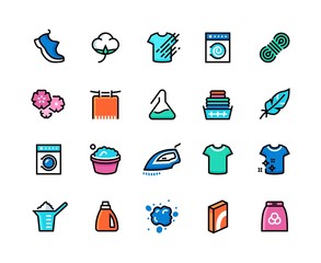 Laundry line icons. Machine and hand wash, sport wool synthetic fabric types, clean and dirty cloth outline symbols. Vector laundry color pictograms set to illustrate the washing and drying process