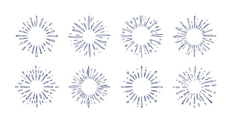 Poster - Doodle pop rays. Hand drawn starburst decorative elements, line sketch frame for greeting cards and posters. Vector black shining star fireworks set for pattern design decoration