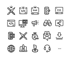 Icons on the topic of IT technology. Vector. Set of icons developers of applications, sites and software. Simple contour style. Pixel Perfect. Symbols and signs of the computer world.