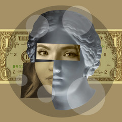 Contemporary art concept collage with antique statue head in a surreal style. Modern unusual art.