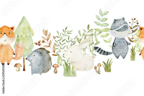 Cotton fabric Watercolor forest border.