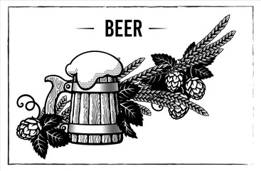 Wall Mural - old wooden mug of beer with foam, hop branches and ears of barley or wheat. hand drawn set of elemen