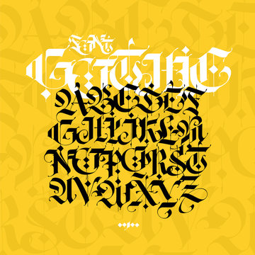 Gothic alphabet. Modern gothic. Black calligraphic letters on a yellow background. All letters are separate. Medieval latin letters. Ancient Germanic style. Drawn with marker.