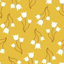 Vector Seamless Pattern Of White Tulips On A Mustard Background. Great For Garden Themed Backgrounds, Kitchen And Home Decor, Fabric, Gift Wrap, Notebook Covers.