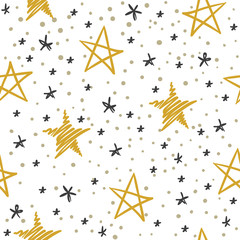 Sketch star seamless pattern. Starry sky with golden and black stars. Christmas and winter holidays vector doodle texture