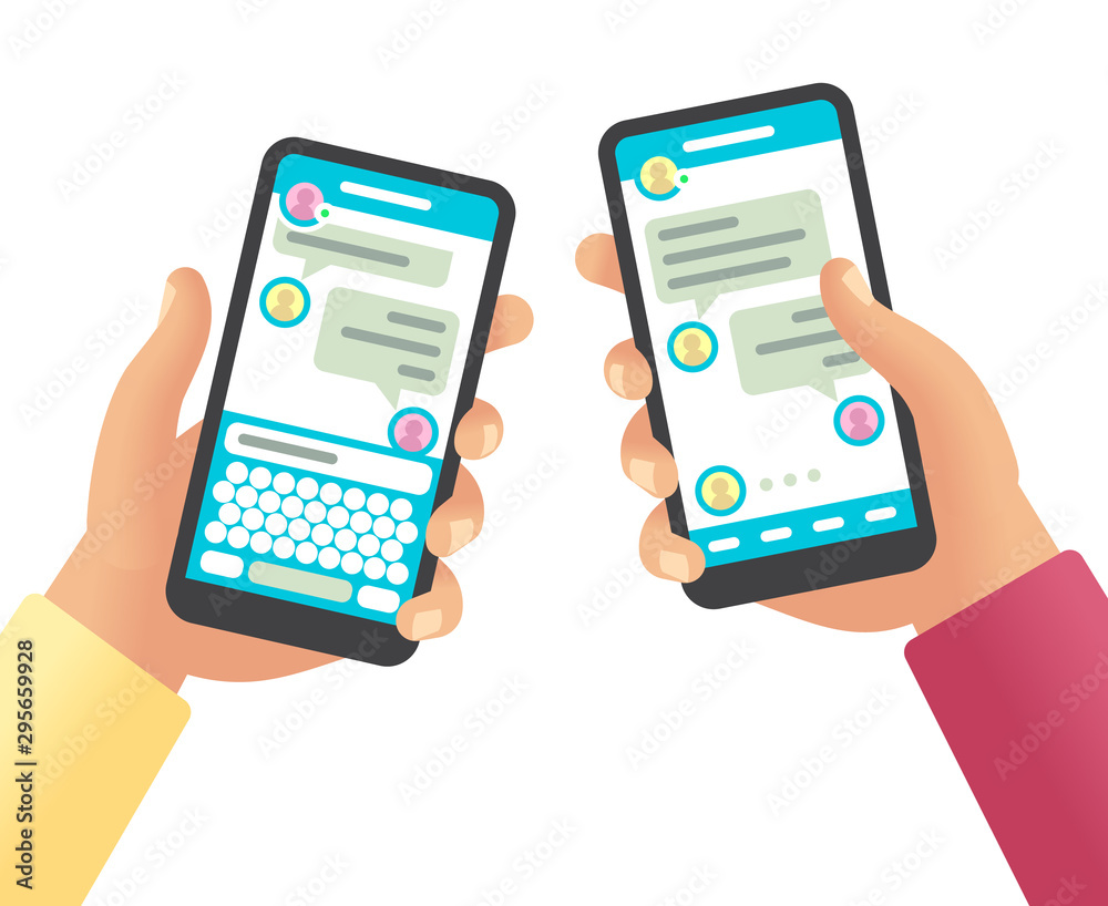 Hands holding phones with message. Social networking communication, touch screen smartphone app with online chat cartoon vector design - obrazy, fototapety, plakaty 