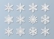 Paper snowflakes. New year and christmas papercut 3d snowflake elements. White winter snow ornament decoration, origami vector set