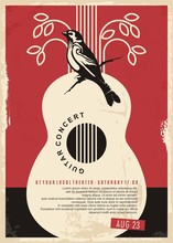 Guitar Concert Retro Poster Design For Music Event. Vintage Flyer With Classical Guitar, Bird Singing And Tree Leaves On Old Paper Texture. Vector Illustration.
