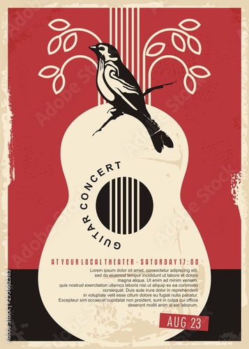 Dekoracja na wymiar  projekt-plakatu-retro-koncert-gitarowy-na-wydarzenie-muzyczne-vintage-ulotka-z-gitara-klasyczna-ptak