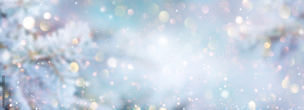 Christmas winter blurred background. Xmas tree with snow decorated with garland lights, holiday festive background. Widescreen backdrop. New year Winter art design, wide screen holiday border - obrazy, fototapety, plakaty 