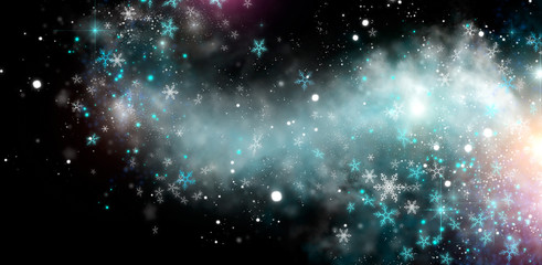 Wall Mural - winter christmas and new year glittering snow flakes swirl on black bokeh background, backdrop with 