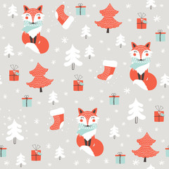 Wall Mural - seamless pattern with cute fox. childish print. christmas background. vecto