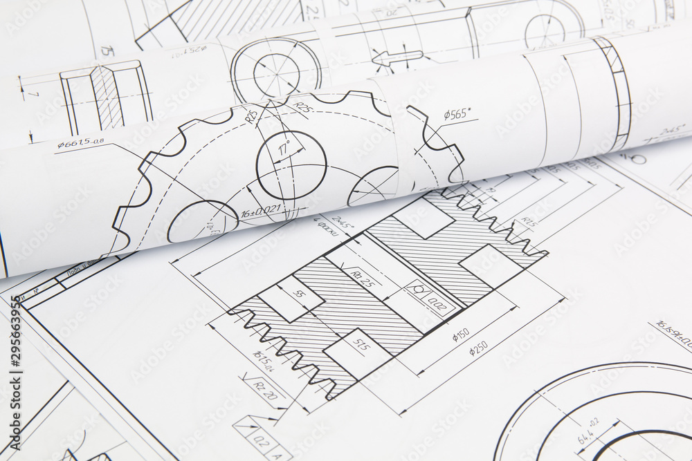 paper engineering drawings of industrial parts and mechanisms Stock ...