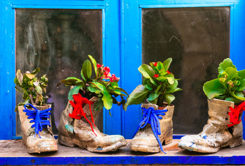 Wall Mural - Cute window floral decoration with vintage shoes. Ideas for gardening