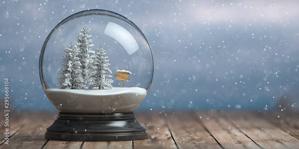 Merry Christmas snow globe with fri trees on winter snowfall background ...