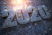 2020 On Circuit Board Or Motherboard With Cpu. Computer Technology And Internet Commucations Digital Concept Background. Happy New 2020 Year.