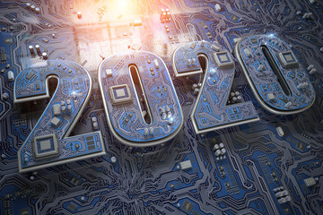 Poster - 2020 on circuit board or motherboard with cpu. Computer technology and internet commucations digital concept background. Happy new 2020 year.
