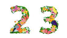 Fancy Collection Of Colorful Numbers 2, 3 With Butterflies And B