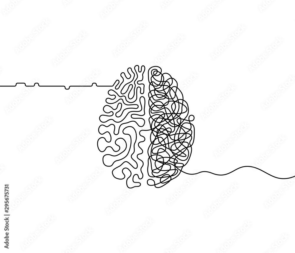 Human brain creativity vs logic chaos and order a continuous line drawing concept, organised vs disorganised left and right brain hemispheres as a chaos theory metaphor, one line vector illustration - obrazy, fototapety, plakaty 