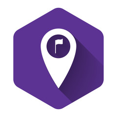 Poster - White Map pointer with golf flag icon isolated with long shadow. Location marker symbol. Purple hexagon button. Vector Illustration