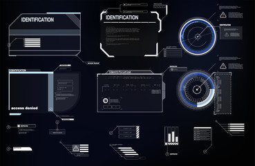 Poster - Interface elements HUD, UI, GUI. Vector Callout Titles set.  Futuristic callout bar labels, information call box bars and modern digital info boxes layout templates. Callouts titles in HUD style.
