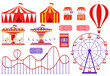 Amusement park, circus, carnival fair theme. Vector. Set with Ferris wheel, tent, carousel, roller coaster, air balloon. Icons isolated on white background. Attraction at daytime. Cartoon illustration
