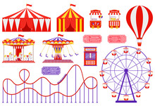 Amusement Park, Circus, Carnival Fair Theme. Vector. Set With Ferris Wheel, Tent, Carousel, Roller Coaster, Air Balloon. Icons Isolated On White Background. Attraction At Daytime. Cartoon Illustration