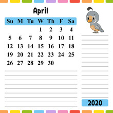 Calendar For 2020 With A Cute Character. Fun And Bright Design. Isolated Vector Illustration. Cartoon Style.